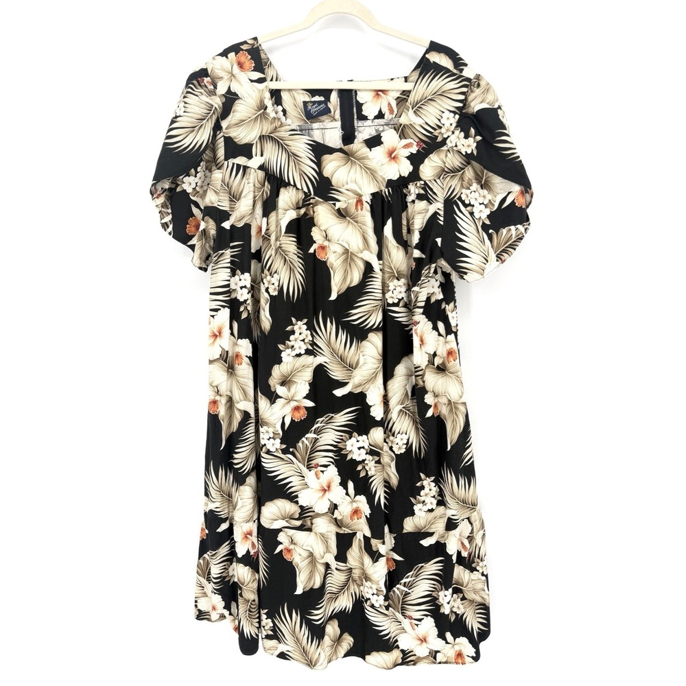 Vtg Royal Creations Hawaiian Muumuu Dress 4XL Black Floral Tulip Sleeve Pocket